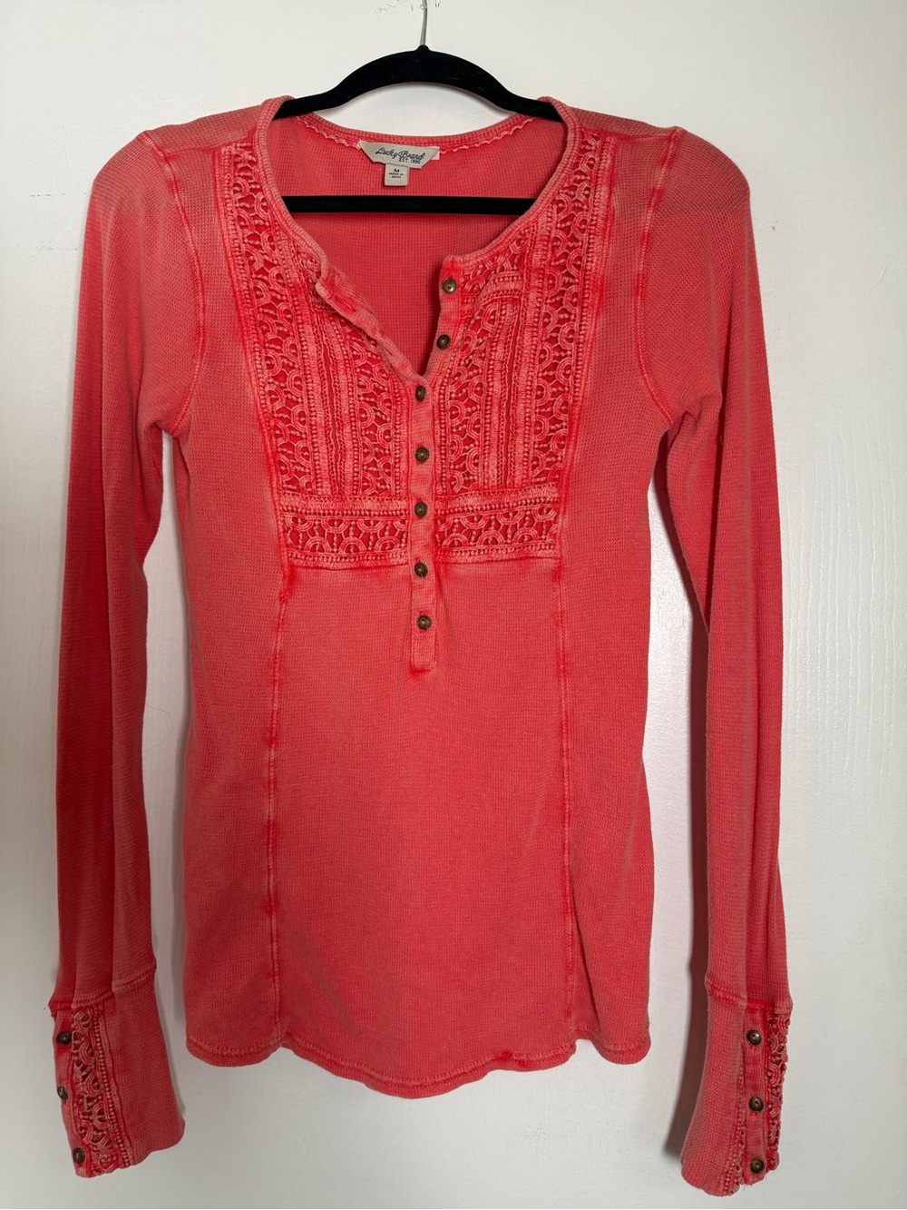 Lucky Brand Coral Pink Waffle Thermal Crochet Henley Top Medium